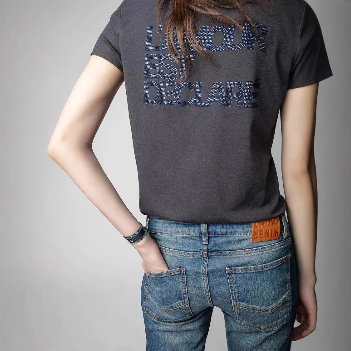 Women's English Letters Discharge Print Printed Rhinestones Blouses