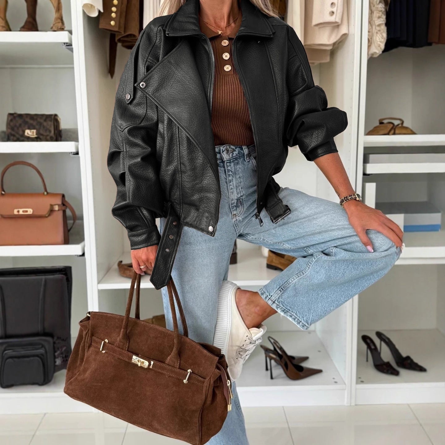 Women's New Russian Leather Vintage Zipper Jackets