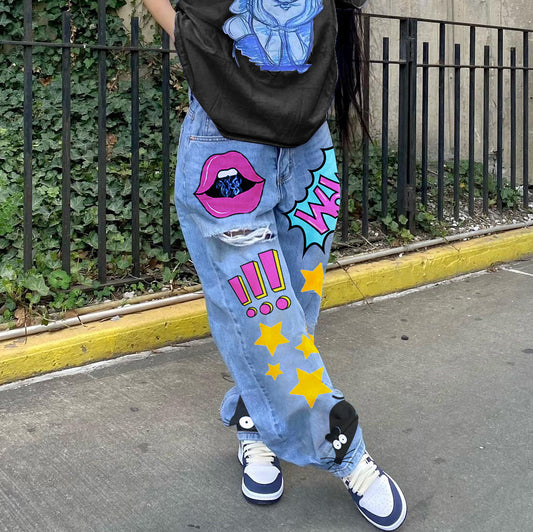 Women's Vintage Printed Slim Fit Denim Trousers Jeans