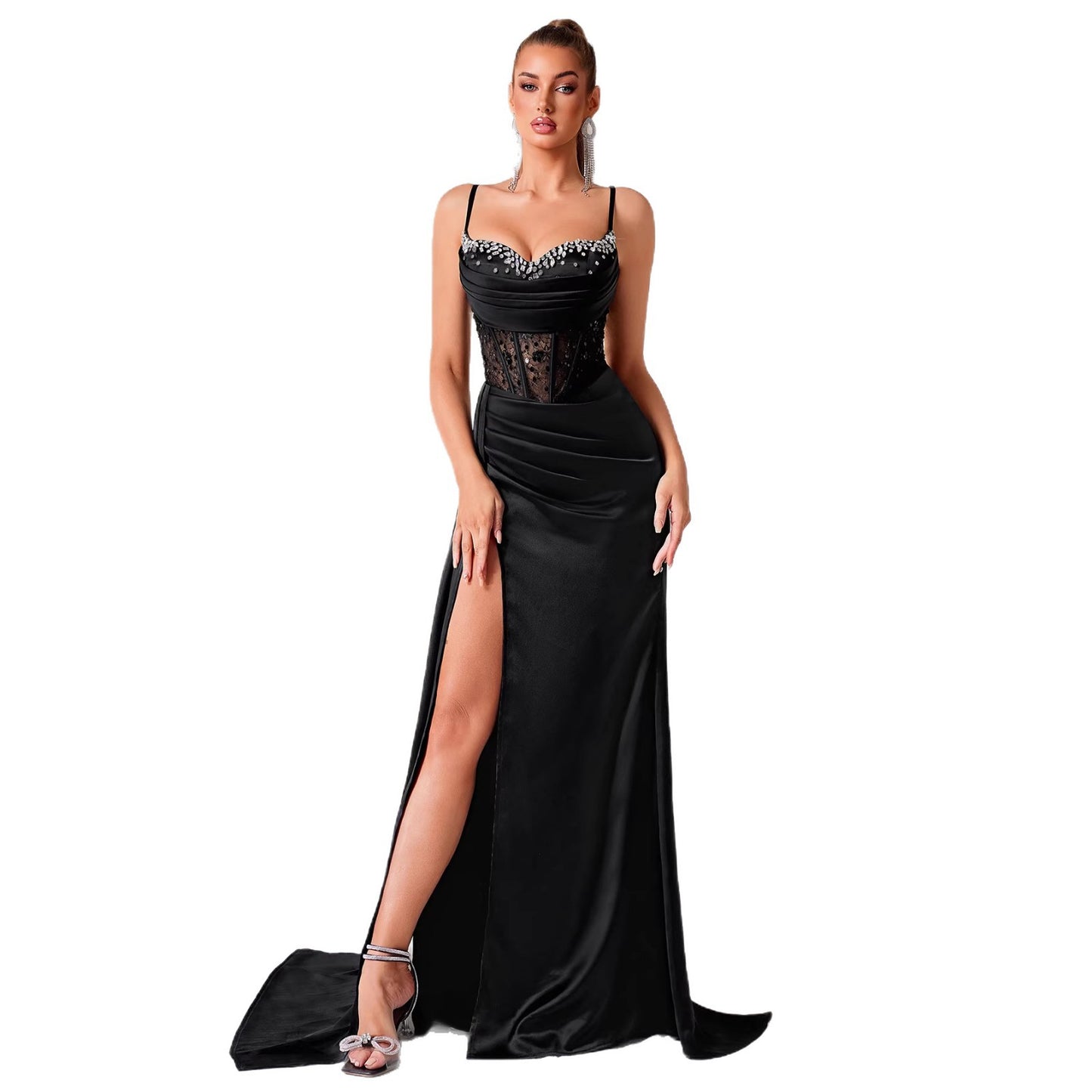 Fit Trailing Rhinestone Tube Lace Waist Dress