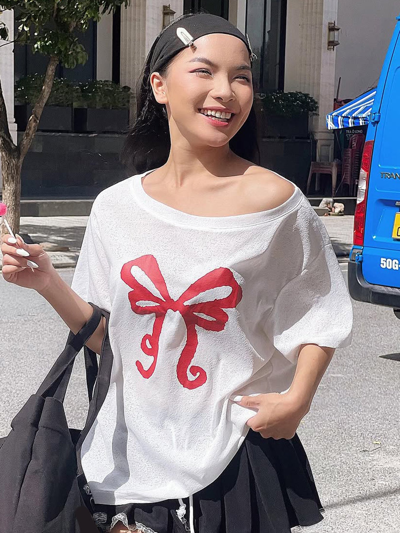 Women's Bow Print Diagonal Collar Sleeve For Sweet Cool Blouses
