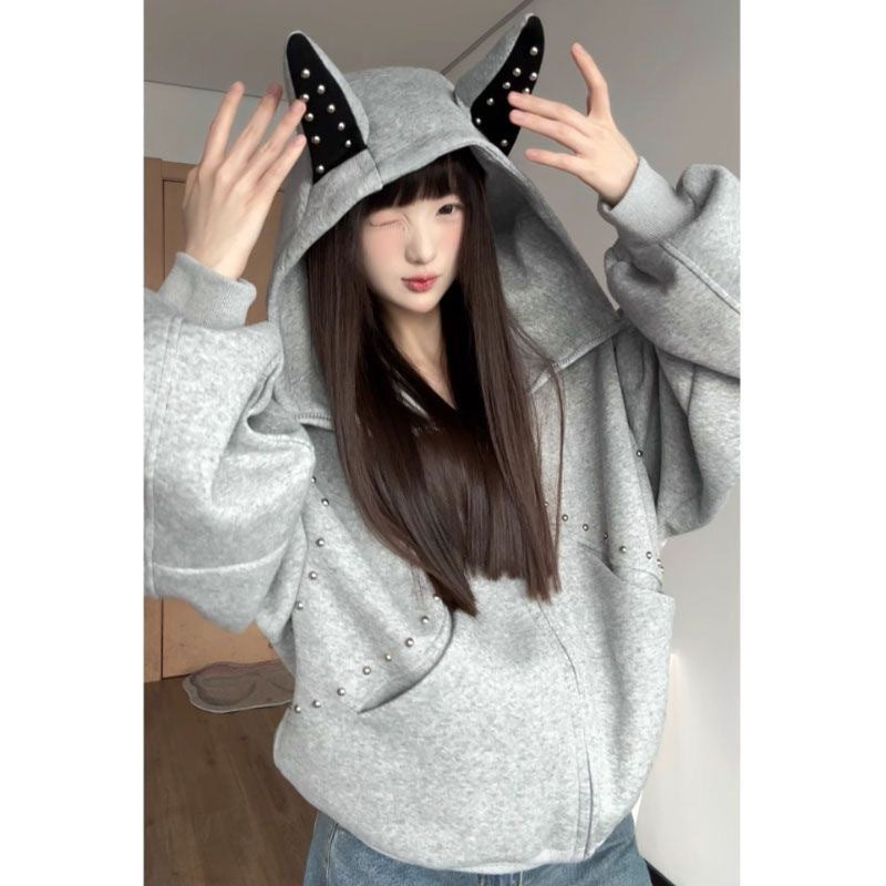 Hooded Rivet Puppy Ears Loose Sweet Cool Sweaters
