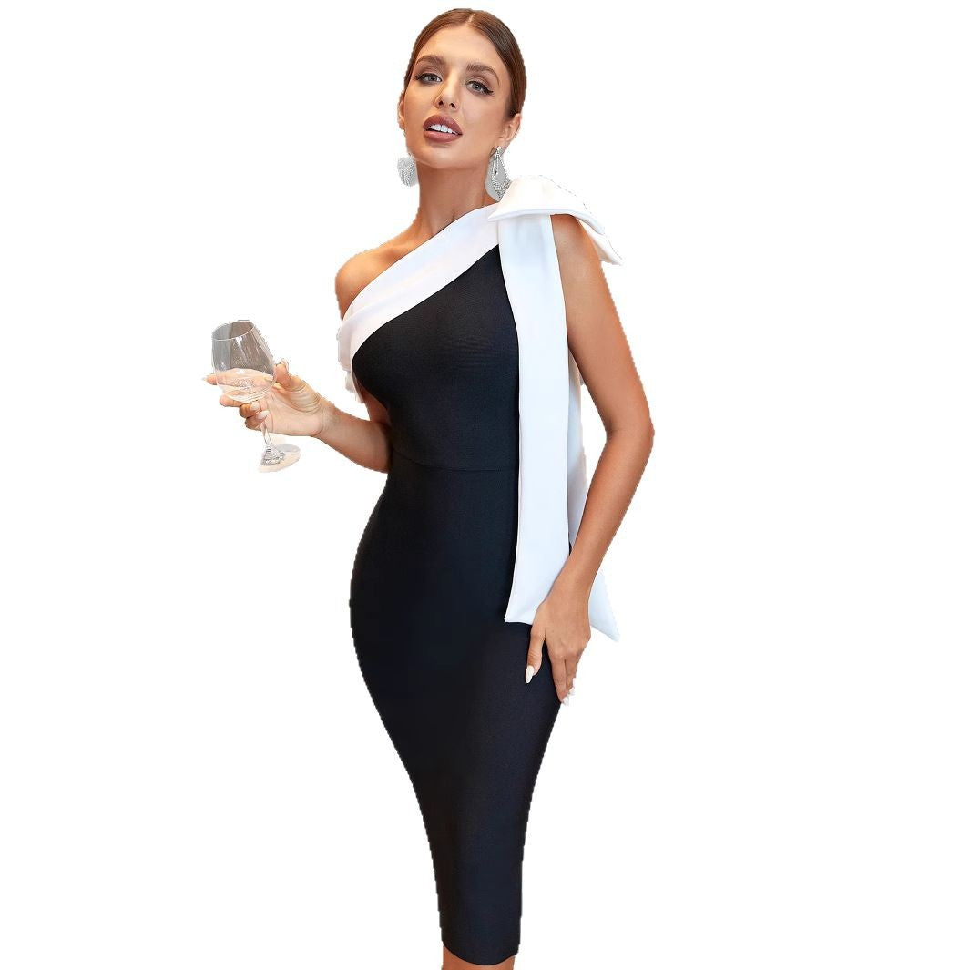Shoulder Belt Color Matching Bandage One-piece Dress