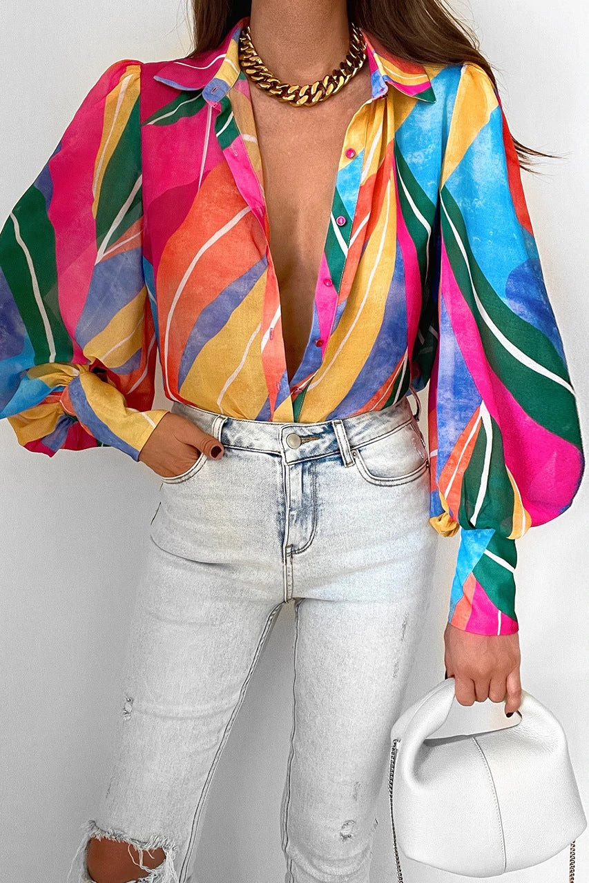 Women's Sleeve Printed Shirt Spring Single-breasted Temperament Cardigans