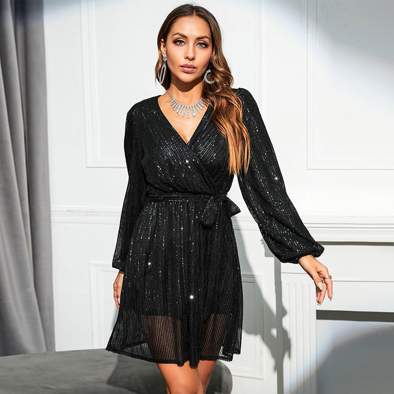 Women's Niche Dress Temperament Long Sleeve Sequined Dresses