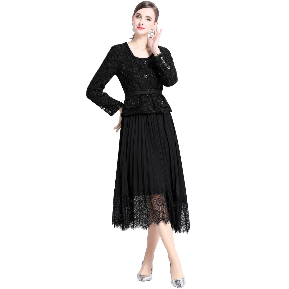 Sleeve Single-breasted Lace Up Waist Stitching Dresses