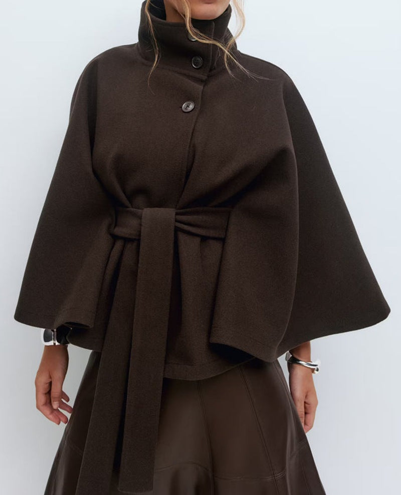 Women's Solid Color Cloak Stand Collar Button Coats