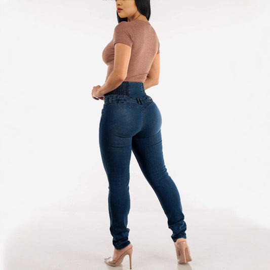 Women's Stretch Slimming Button Pencil Slim Fit High Waist Hip Jeans