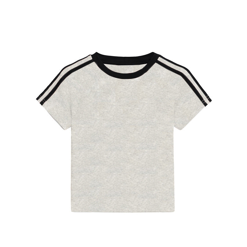 Women's Style Trendy Three Bars Contrast Color Short-sleeved Blouses