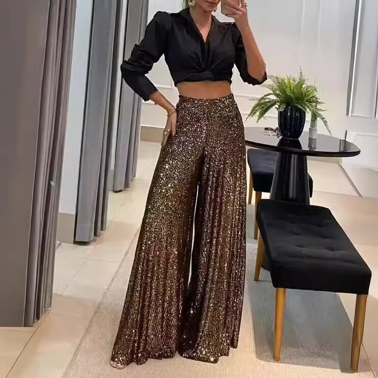 Elegant Commuter Everyday Style Pure Color Sequins Wide Pants