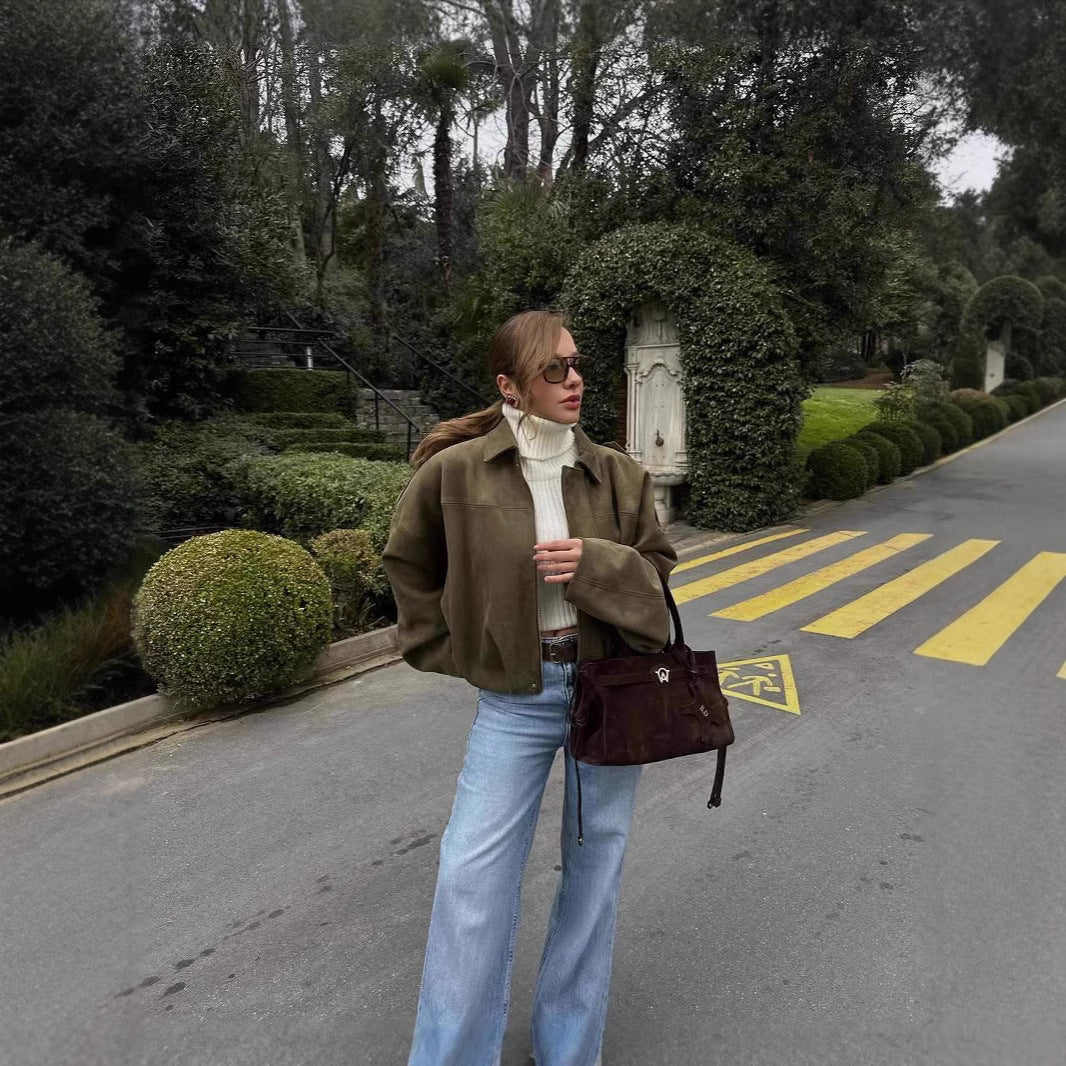 Women's French Style Vintage Zipper Lapel Elastic Coats