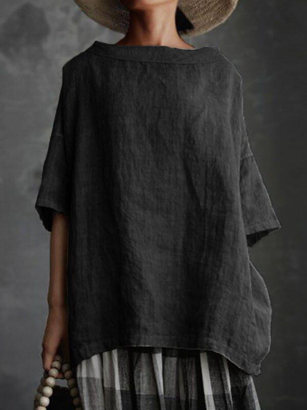 Women's Neck Cotton Linen Style Solid Color Blouses