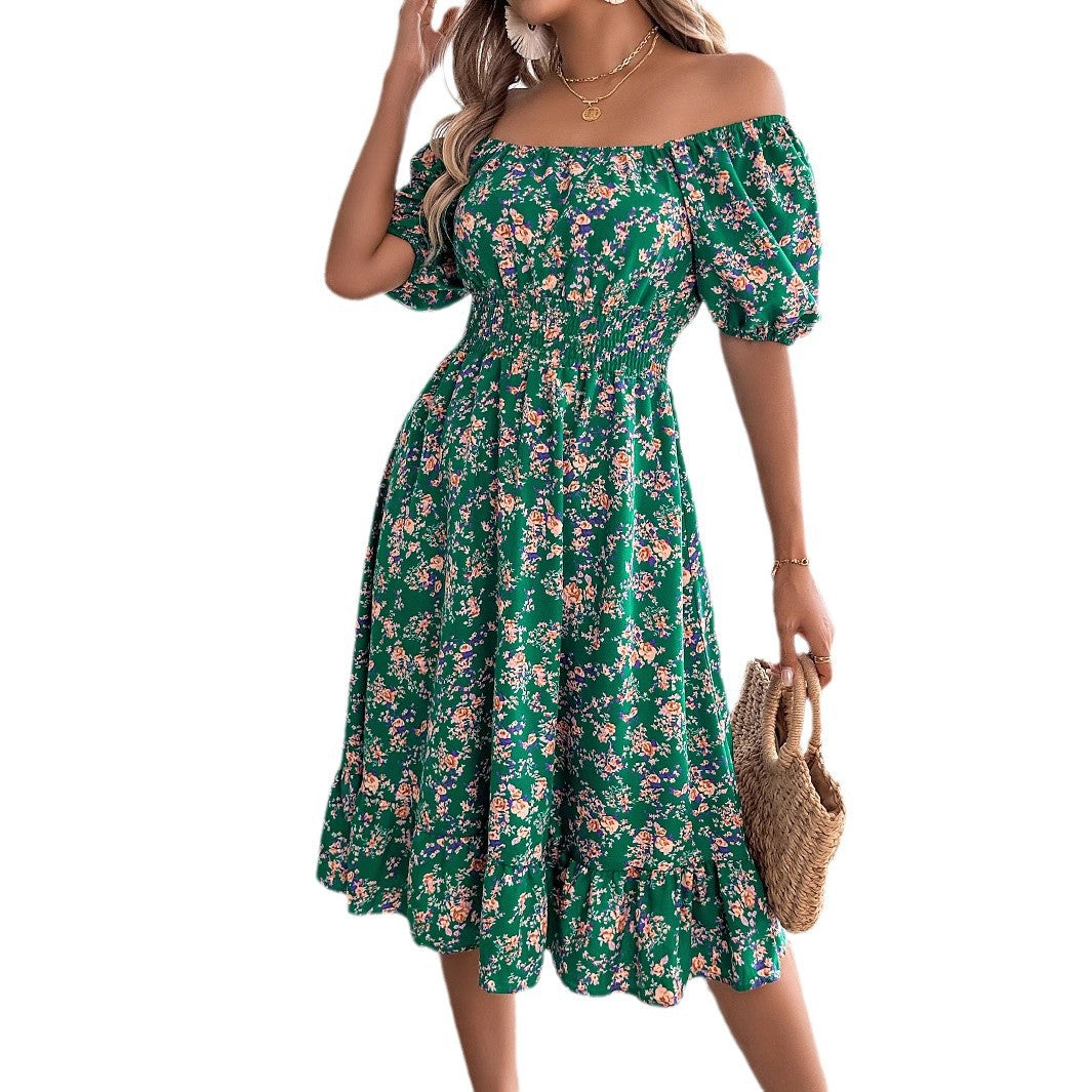 Women's Floral Square Collar Sleeve Ruffled A- Dresses