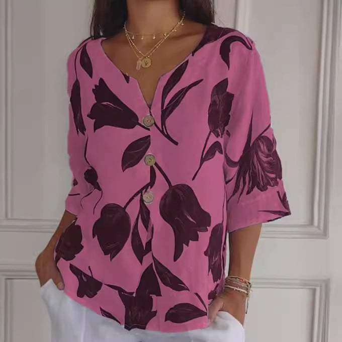 Printed Cotton Linen Short-sleeved Pullover Shirt Blouses