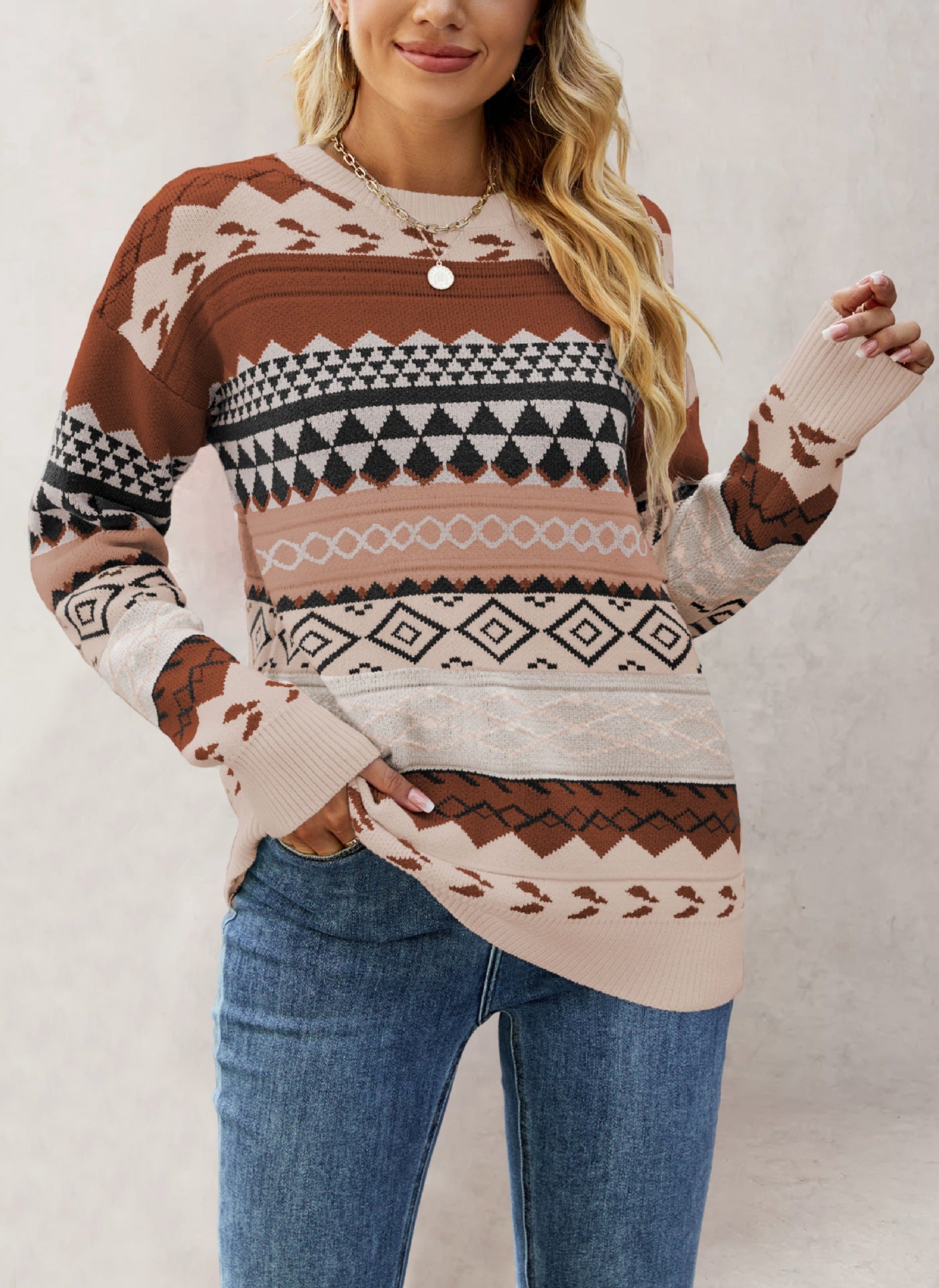 Women's Pattern Rhombus Jacquard Mosaic Pullover Vintage Sweaters