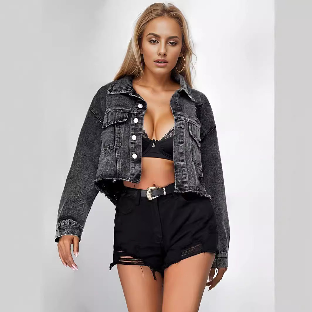 Women's Denim Autumn Fashionable Frayed Hem Ripped Jackets