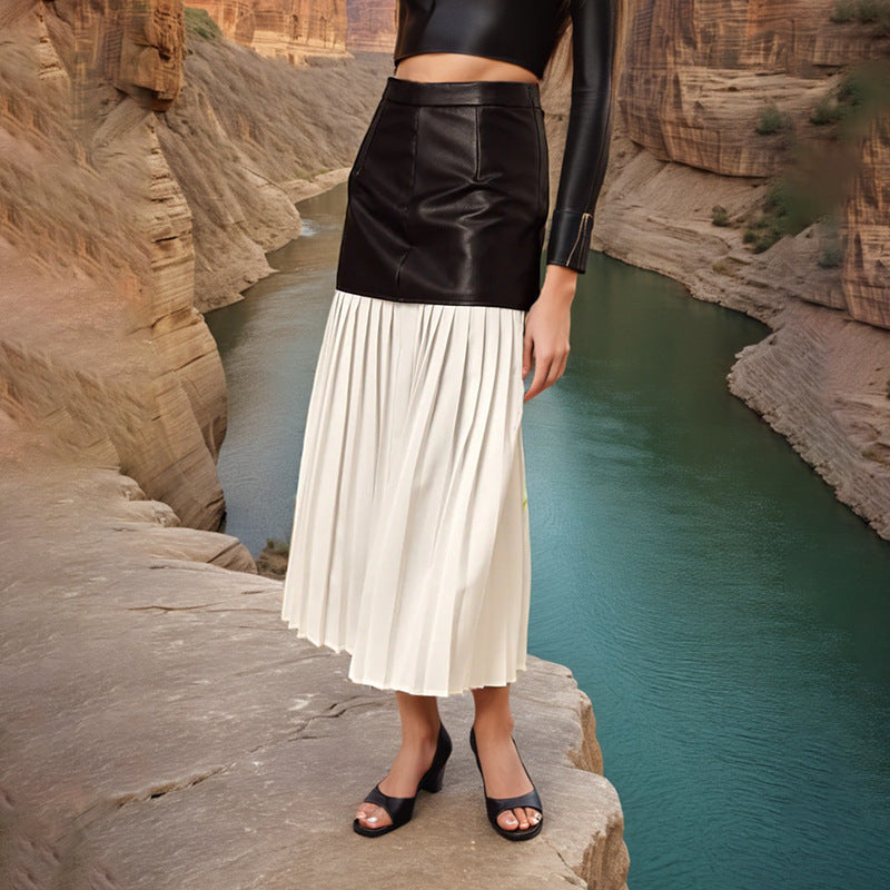 Women's Mid-length Pleated Leather Summer Waist Stitching Skirts
