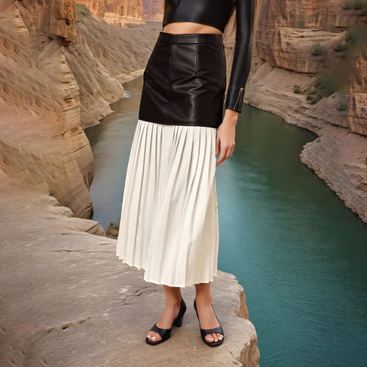 Women's Mid-length Pleated Leather Summer Waist Stitching Skirts