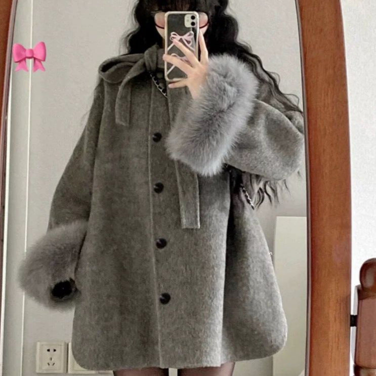 Women's Hepburn Style Gray Woolen Small Mid-length Coats