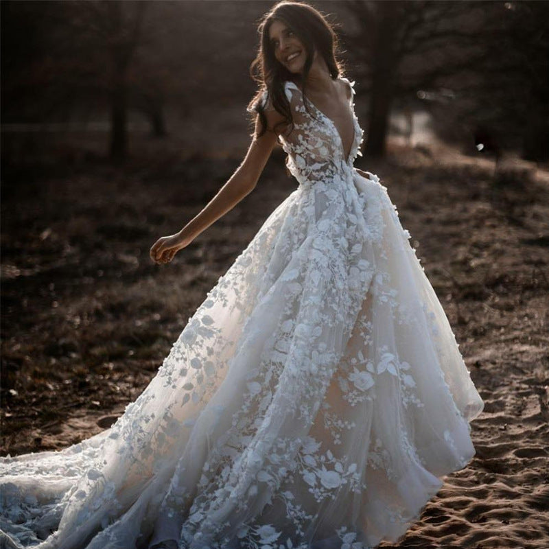 Women's Spring Lace Dress Deep V Big Wedding Dresses