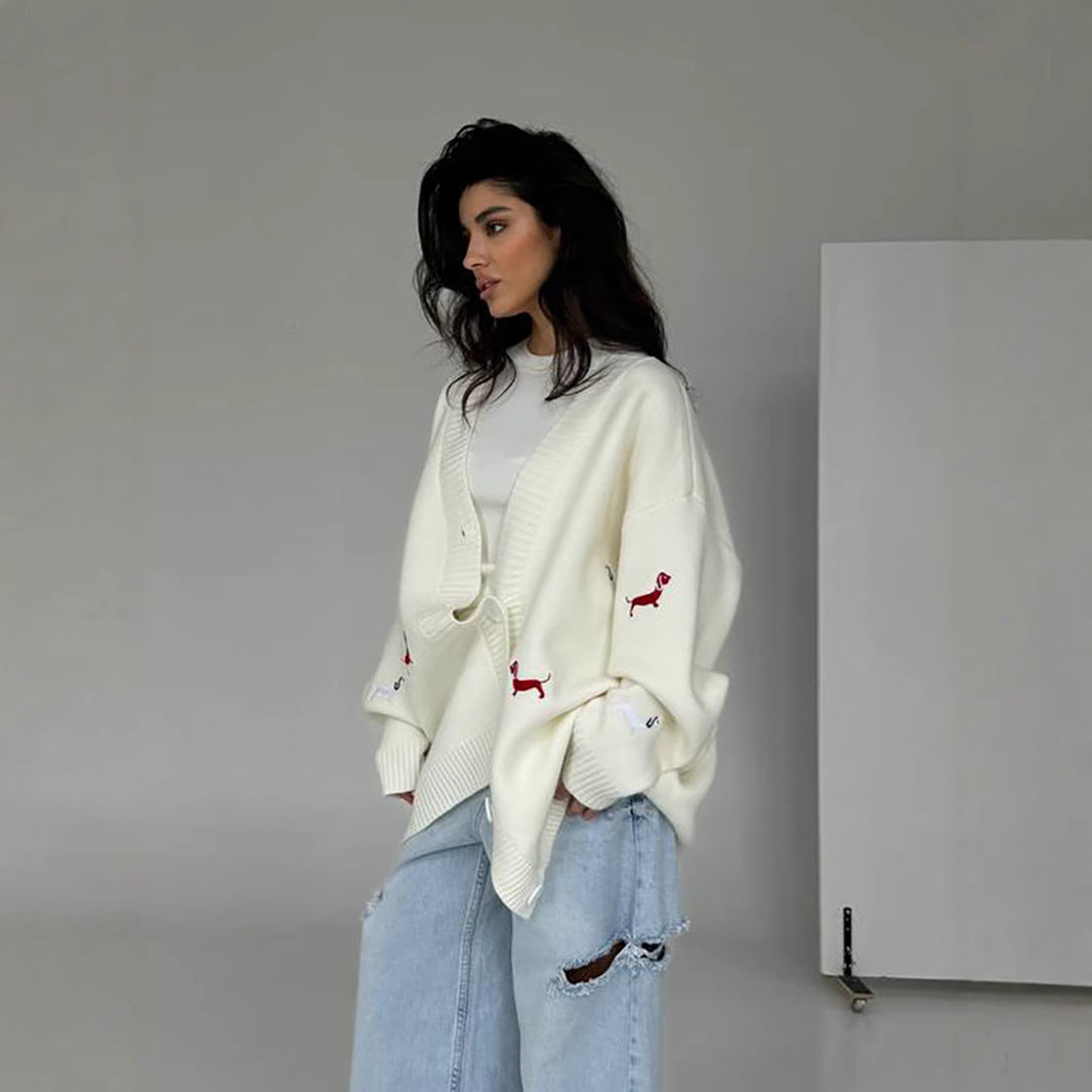 Women's Autumn Sausage Dog Embroidered Loose Long Sweaters