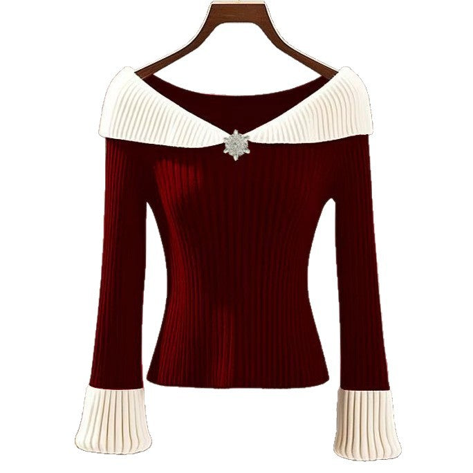 Women's French Style Temperament Contrast Color Lapels Sweater