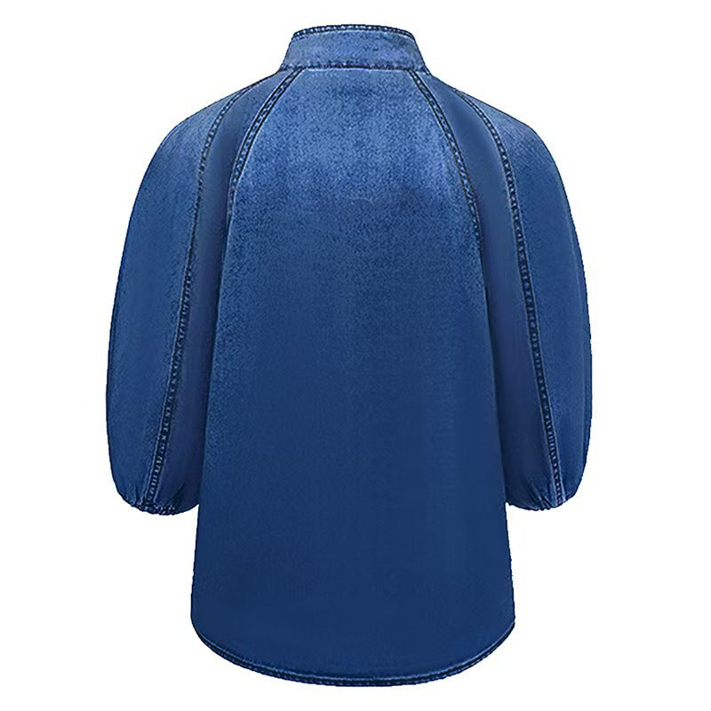 Women's Spring Retro Loose Neckline Denim Shirt Blouses