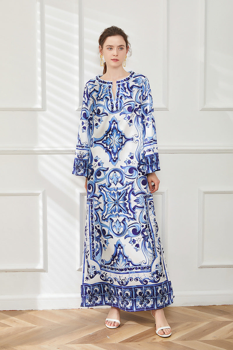 Women's Printed National Style Dress Summer Round Neck Wide Hem Dresses