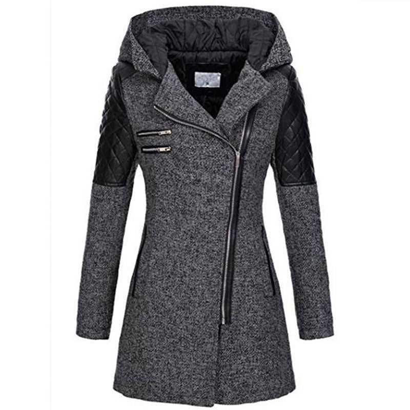Women's Zipper Hooded Woolen Trench Mid-length Thick Coats