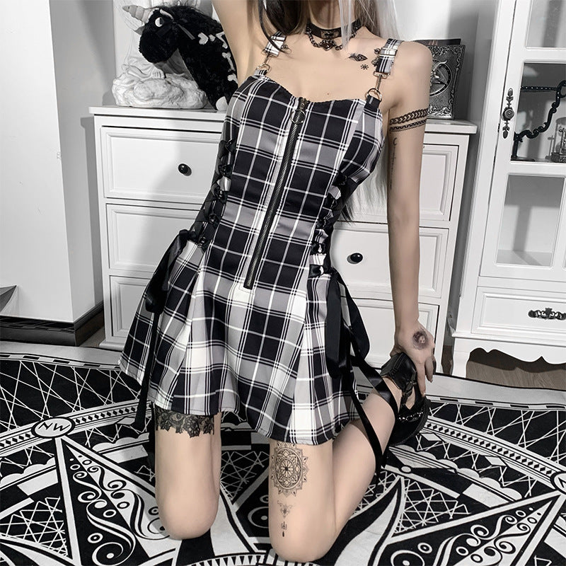 Leisure Suspender Slimming Plaid Striped Zipper Dresses