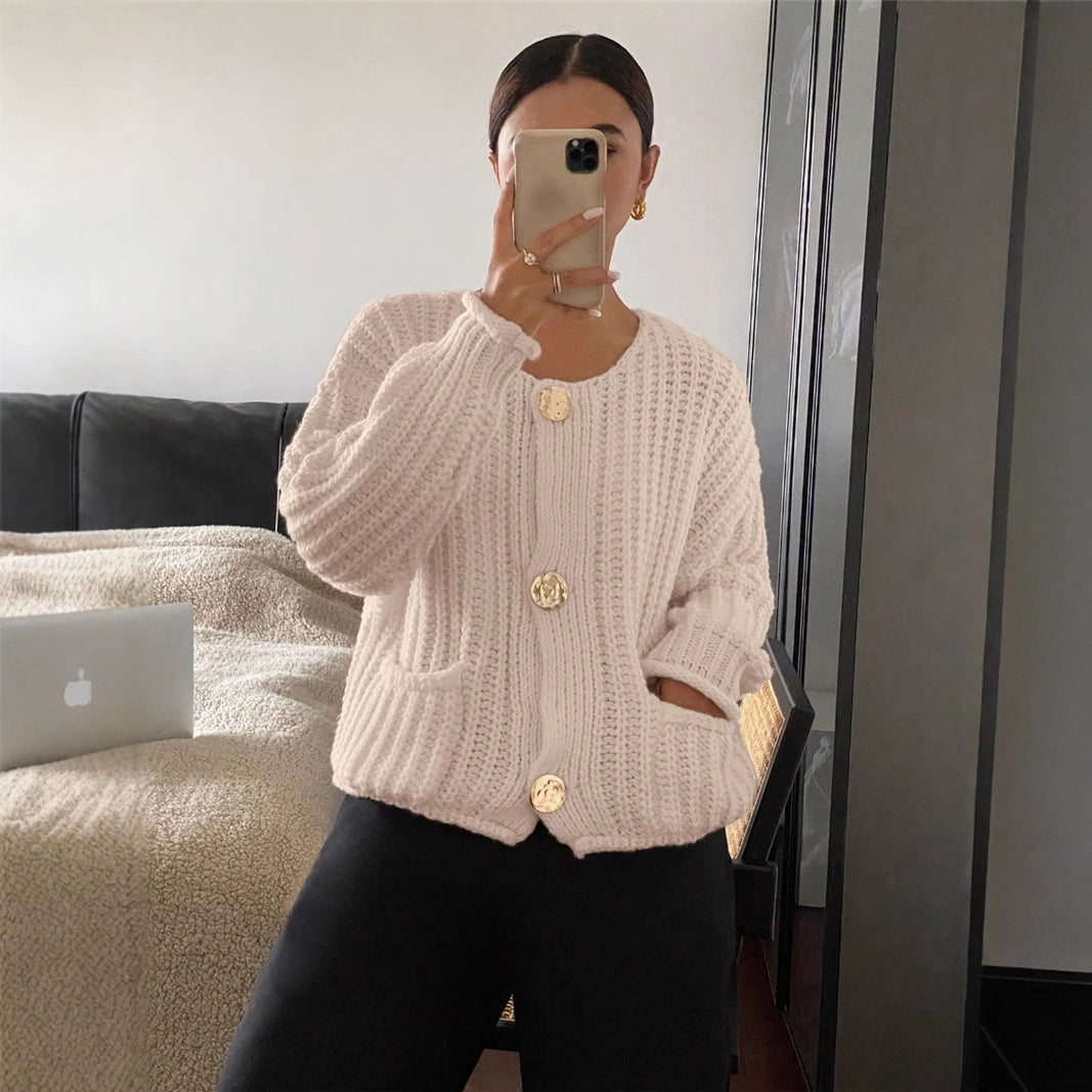 Women's Round Neck Design Pocket Long Sleeve Sweaters