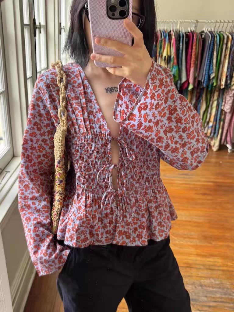 Women's French Style Shirt Summer Pastoral Floral Bow Waist Long Blouses