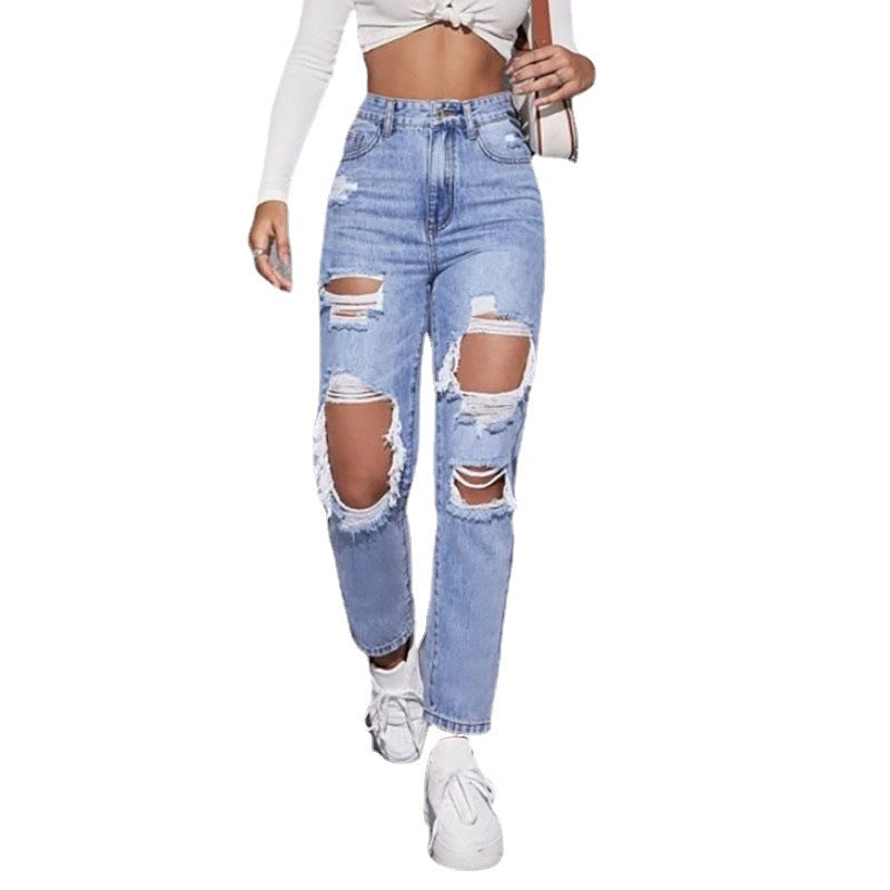 Women's Ripped Washed High Waist Straight Jeans