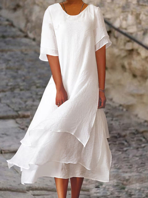 Summer Cotton Linen Color Matching Slit Sleeve Dress