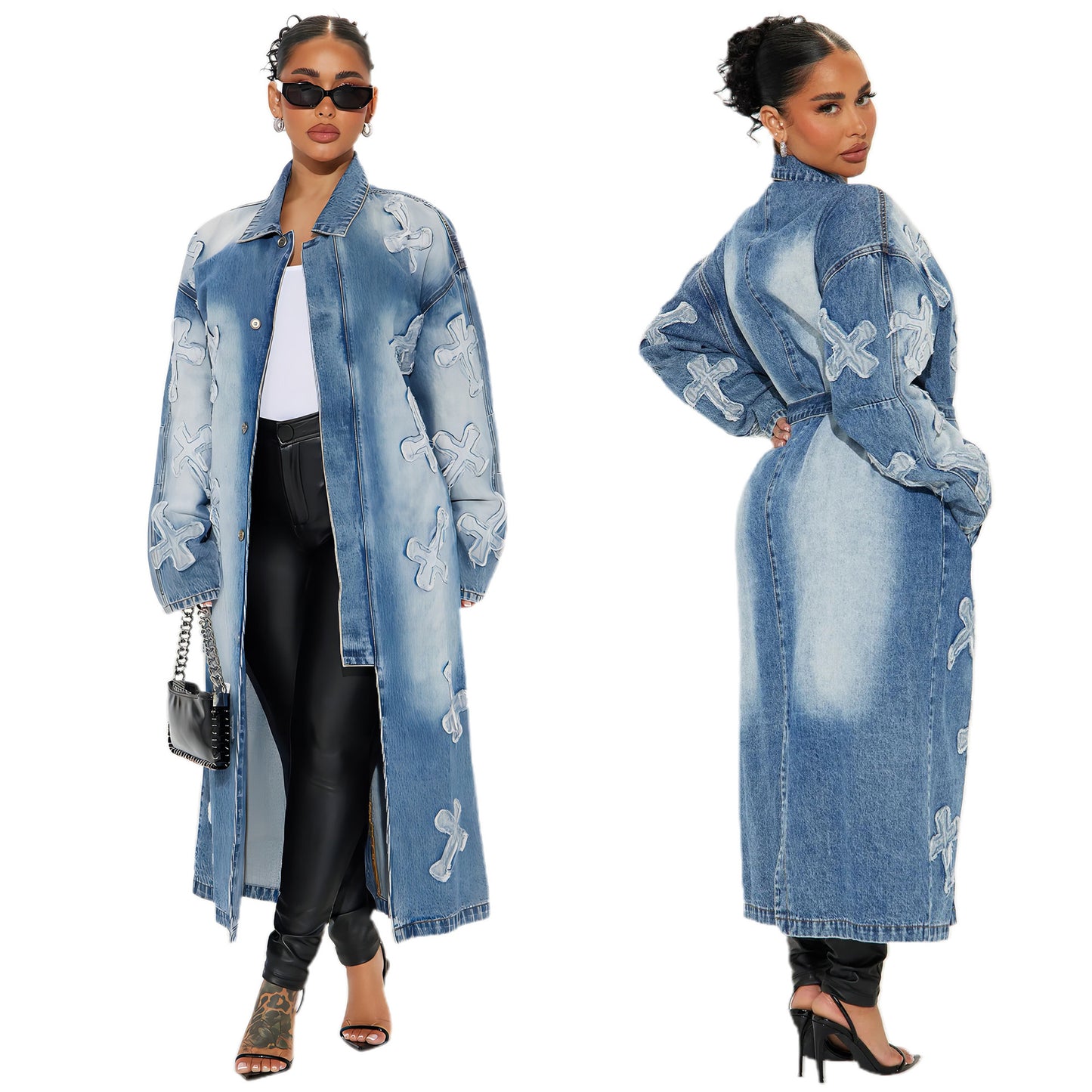 Women's Denim Street Fashion Cross Embroidered Long Jackets