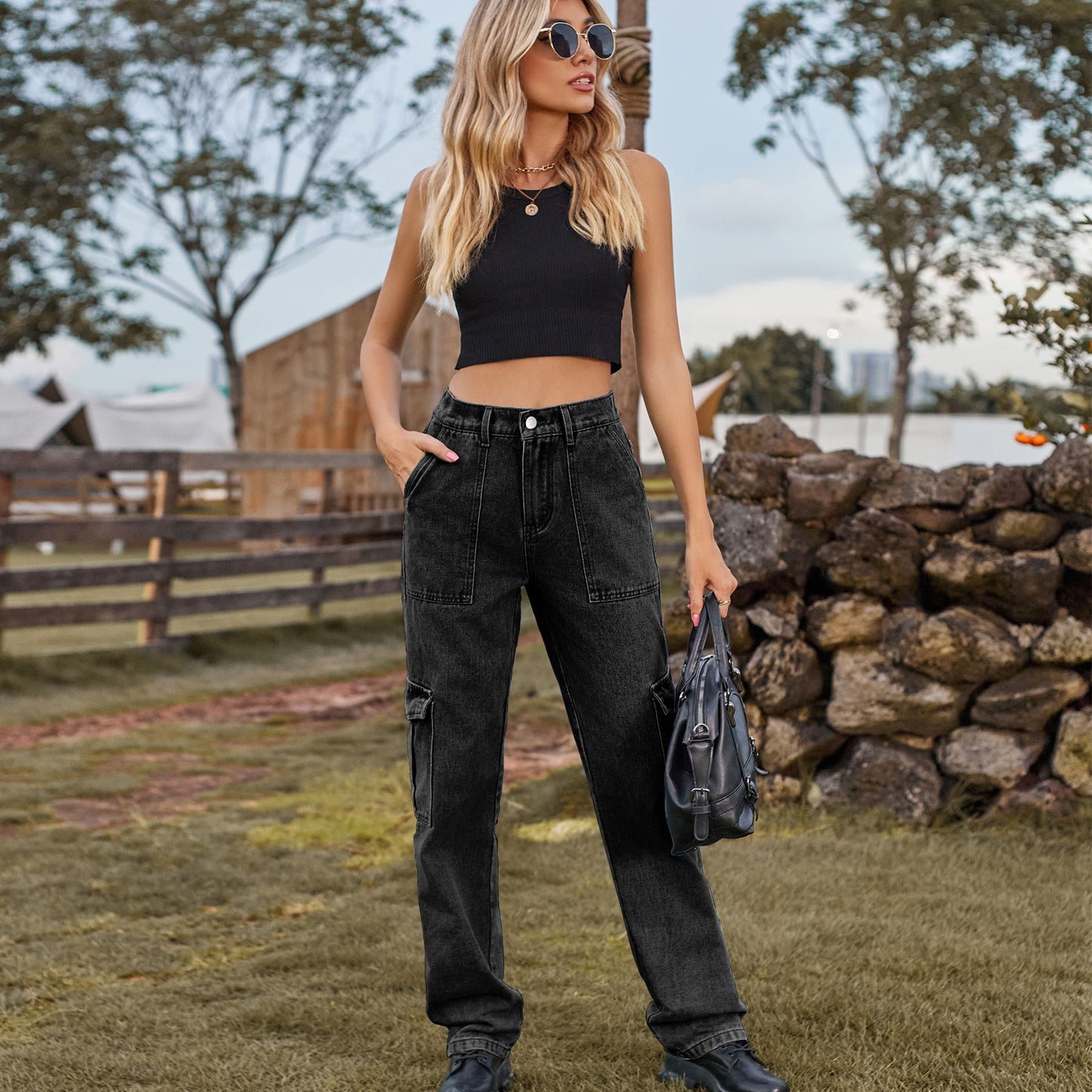Women's American Retro Washed Design Personality Denim Cargo Jeans