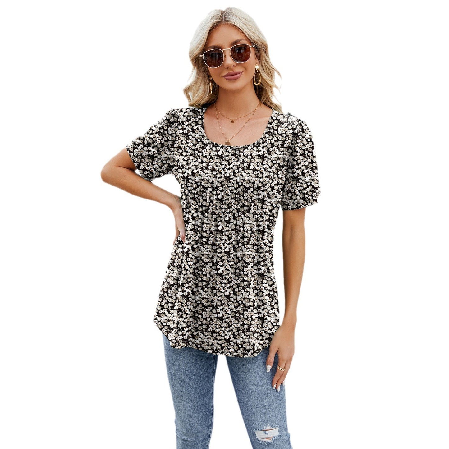 Women's Round Neck Strip Loose Sleeve T-shirt Tops