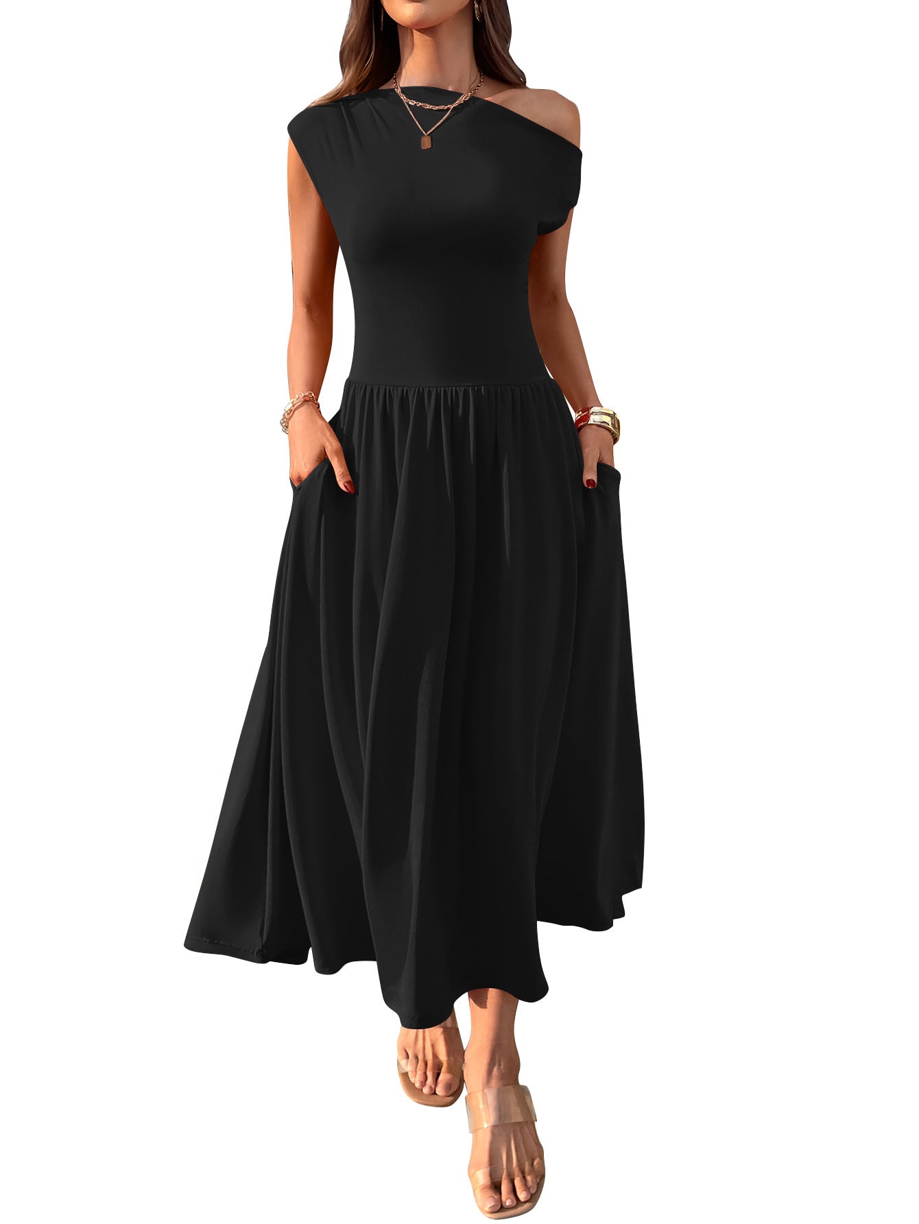 Shoulder Sexy Waist Trimming Solid Color Long Dresses