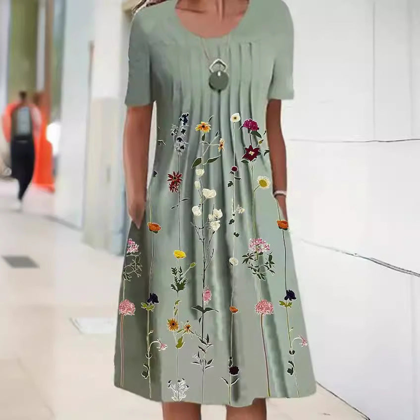 Women's Floral Print Round Neck Pullover Mid-length Dresses