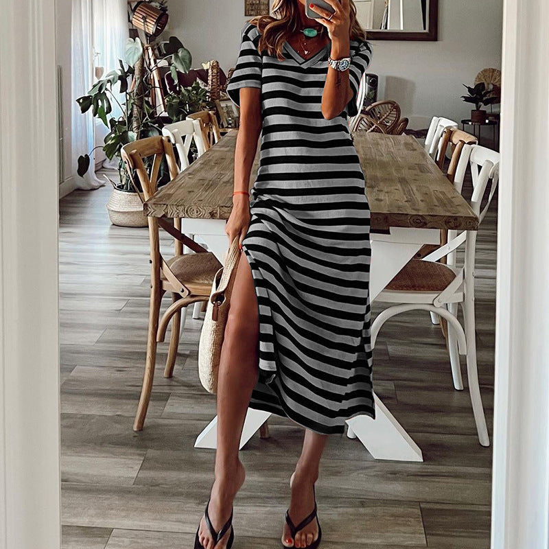 Women's Spring Striped Printed Dress Slit Loose Plus Size