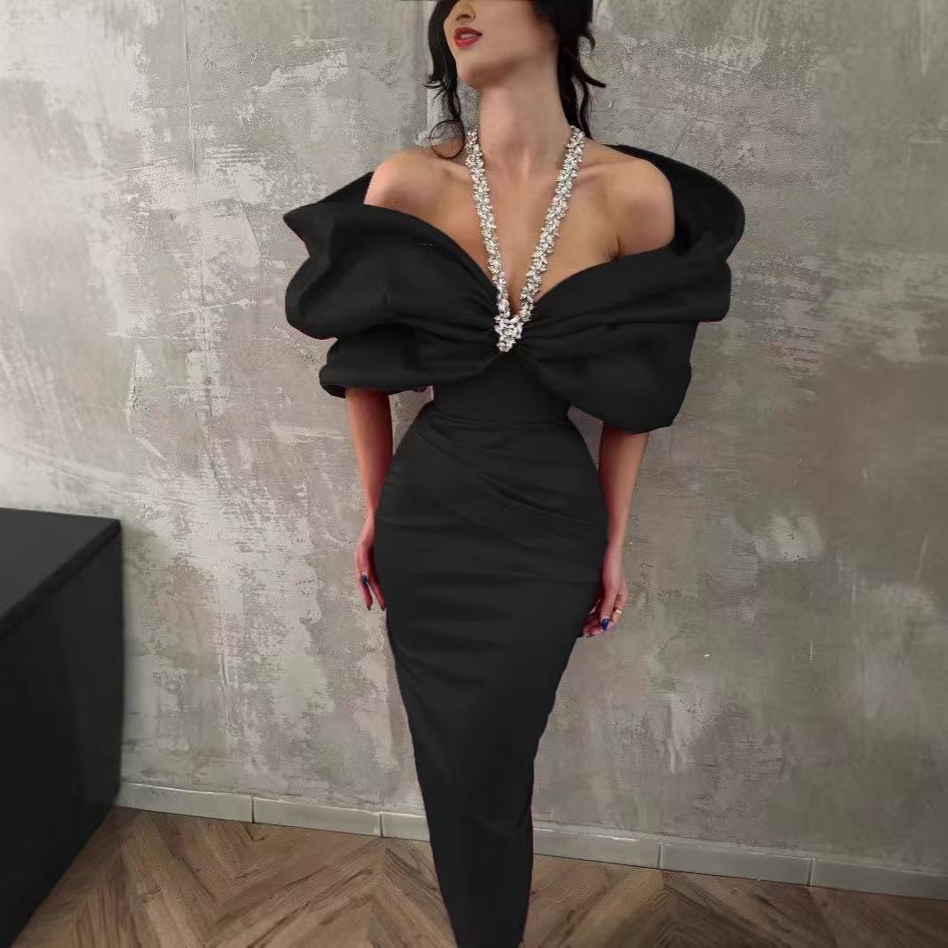 Diamond Band Bow Collar Decorative Slimming Tight Bandage Dresses