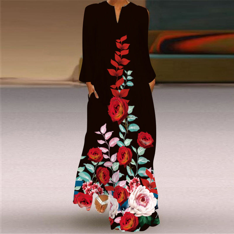 Women's Long Dress Sleeve Pocket Printed Loose Dresses