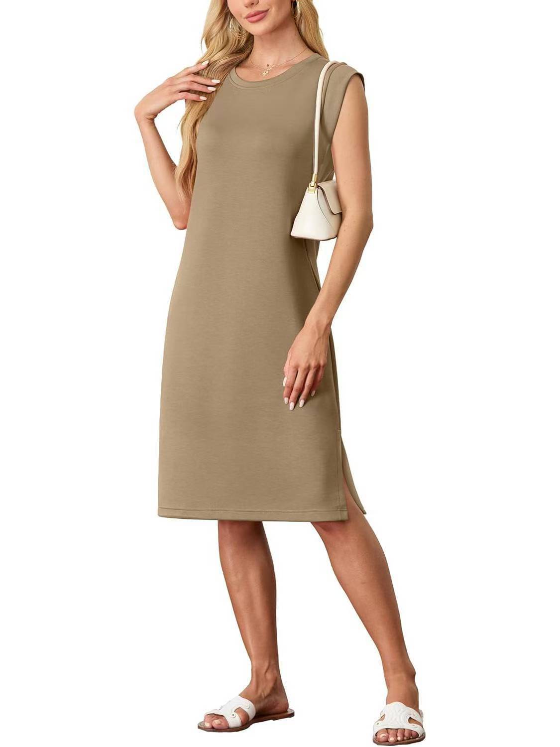 Women's Fashion Round Neck Sleeveless Split Pocket Dresses
