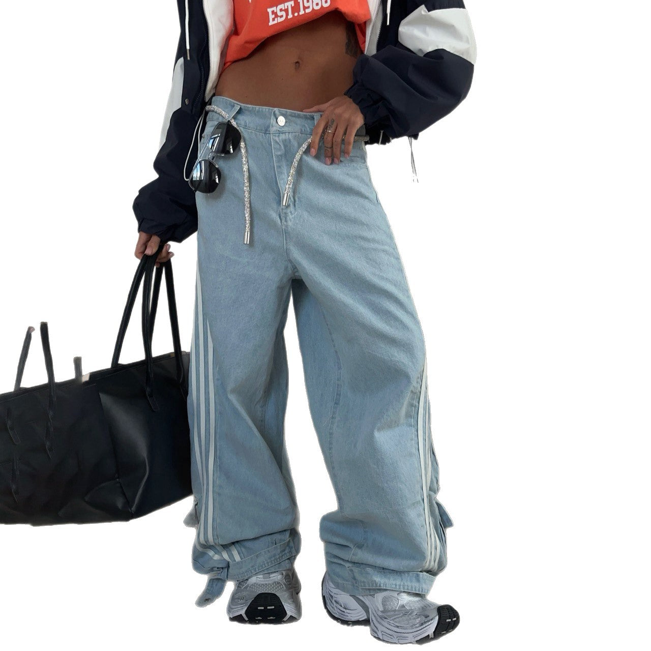 Women's Patchwork Strap Belt Versatile Casual High Jeans