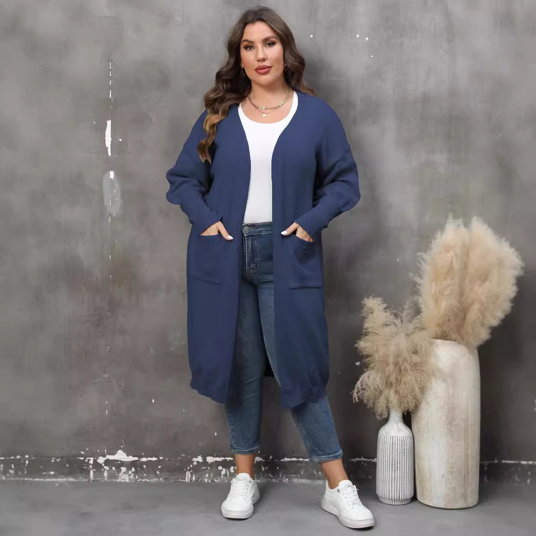 Women's Loose Mid-length Woven Double Pocket Lantern Sweaters