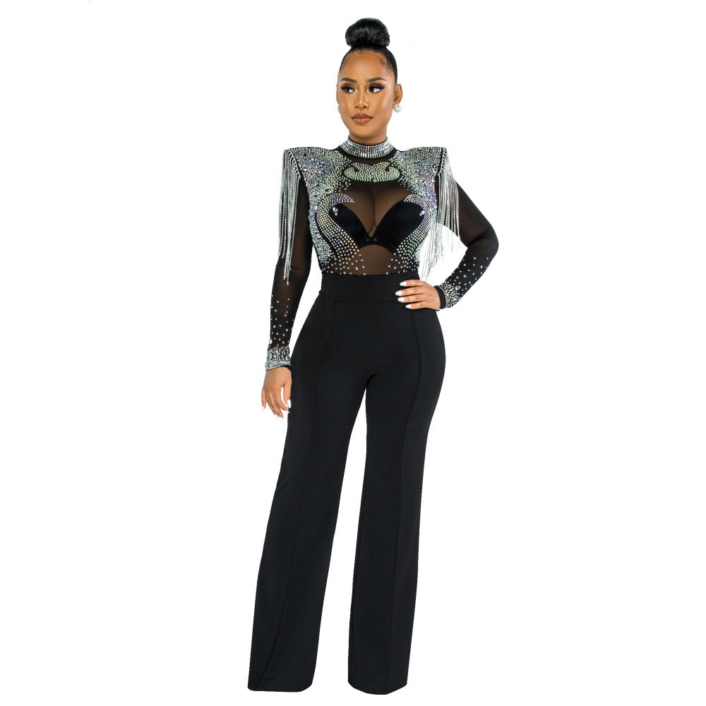 Women's Sexy Casual Turtleneck Hot Drilling Tassel Pants