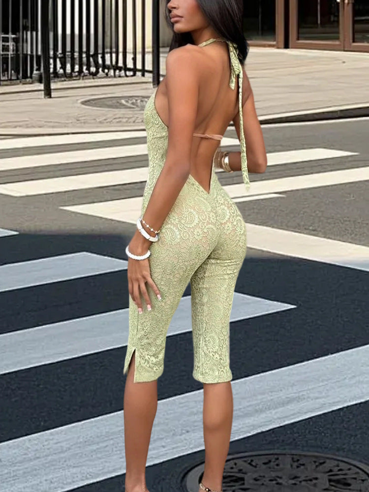 Fashion Lace Patchwork Halter Bare Back Jumpsuits