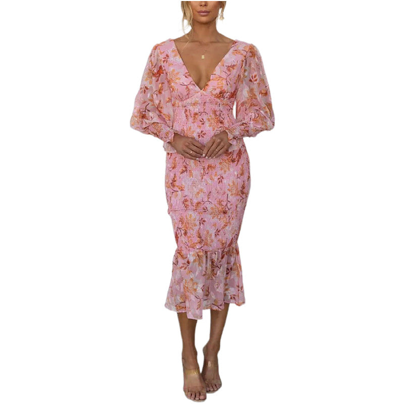 Women's Autumn Elegant Elastic Waist Long Sleeve Print Dresses