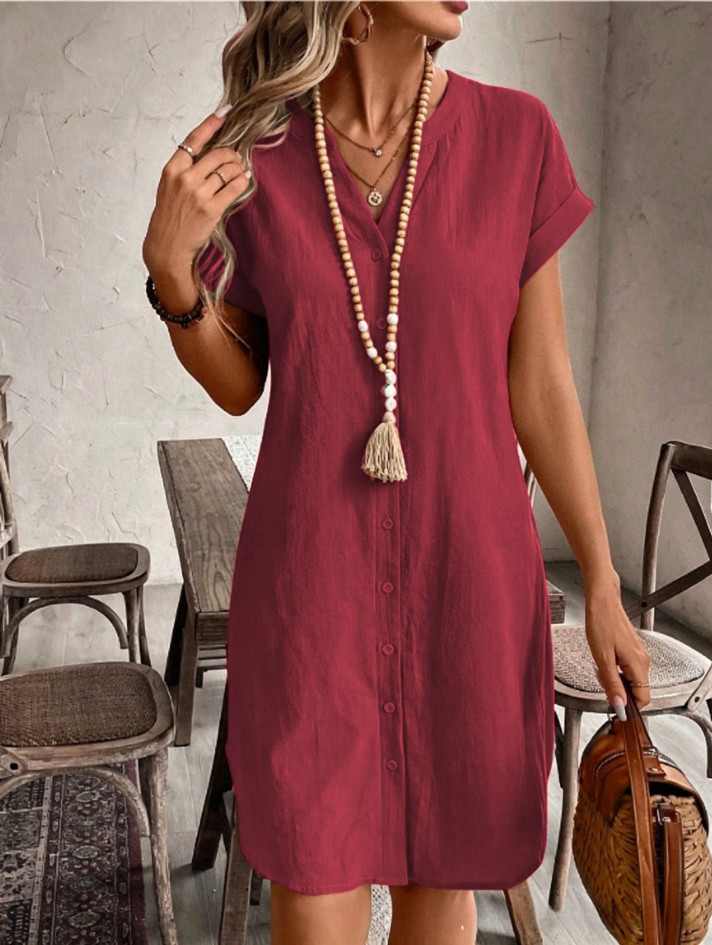 Women's Solid Color Short-sleeved Single-breasted Casual Seaside Dress