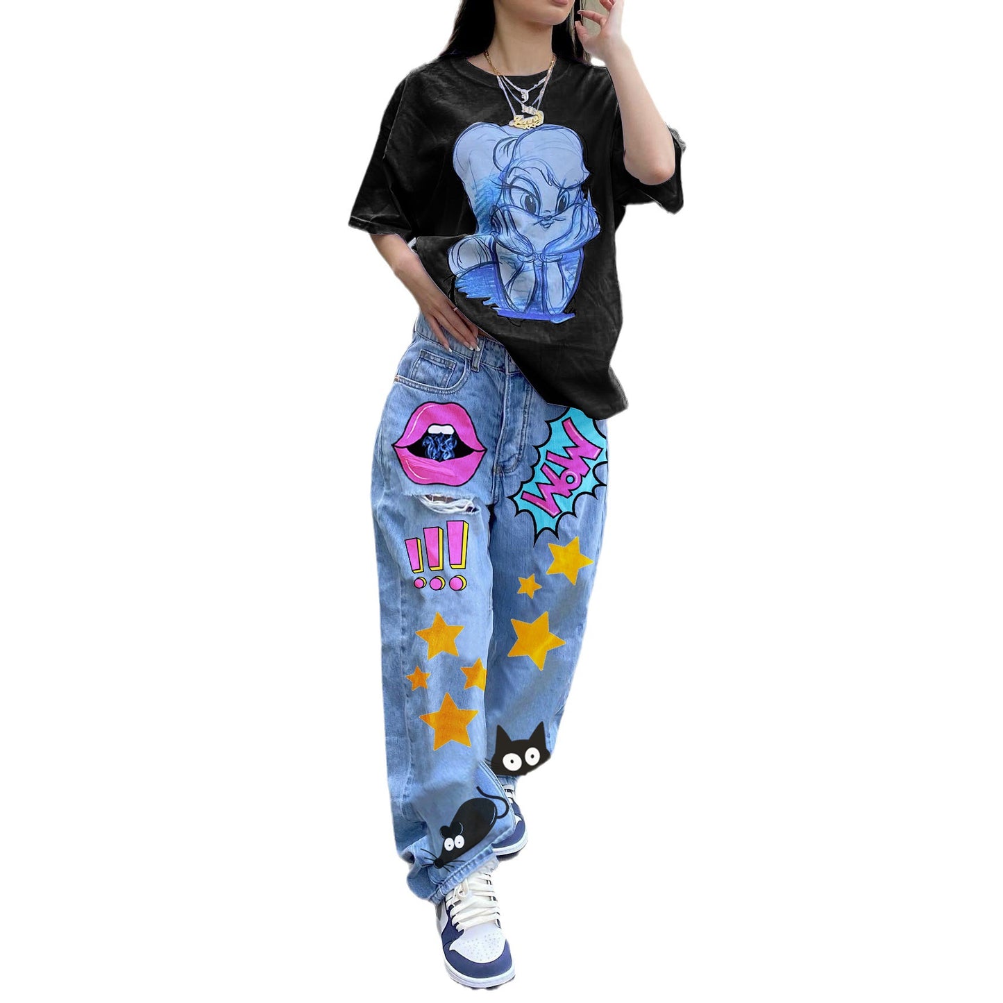 Women's Vintage Printed Slim Fit Denim Trousers Jeans